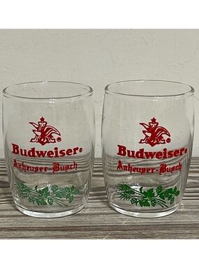 Budweiser Anheuser Busch Barrel Shaped Clear Glasses Set Red Eagle Logo 60s VTG